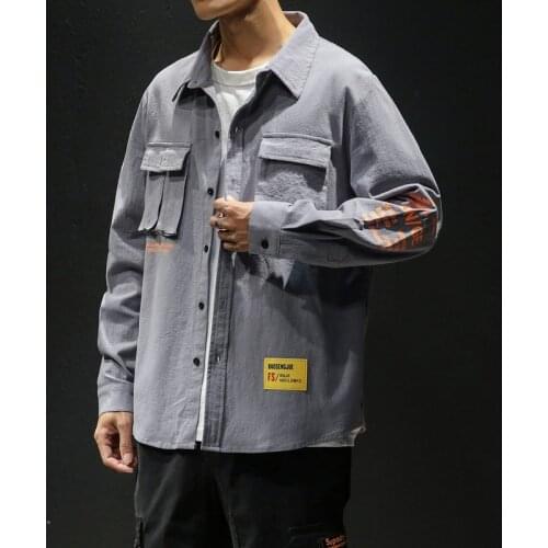 White Cotton Cargo Shirt Men Autumn Fashions Streetwear Casual Tops Male Letter Print Long Sleeve Military PLUS SIZE Shirts 5XL