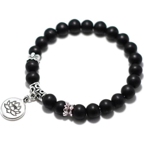 2021 Fashion Natural Stone Bracelet For Women Homme Vintage Lotus Pendant Braslet 8mm Sodalite Onyx Beaded Braclet Gift For Love