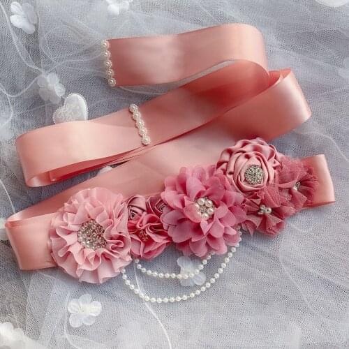 Baby Shower Maternity Dress Belt Party Rose Blossom Pearl Forest Bridal Waist Cover Sash with Flowers Pearls Rhinestone