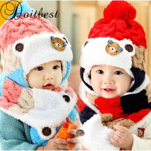 Doitbest 12 months to 4 Y kids Beanies 2018 Korea Bear kid boys Knit hats winter 2 pcs fur baby girls winter hat and scarf
