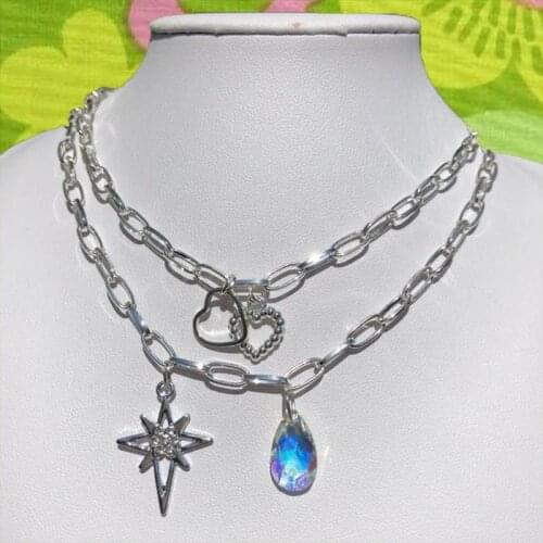 Goth Mango Star Heart Pendant Necklace for Women Metal Crystal Hip Hop Punk Cool Charms Necklace Jewelry 90s Style New Gifts