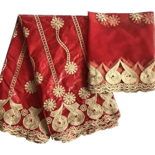 Beautiful Bead Bazin Riche Red Gold Embroidery Beading With Tulle Lace High Quality Materials African Lace Fabric 5+2 yards/lot