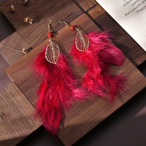Fashion Long Red Feather Bride Wedding Earrings Bohemian Vintage Golden Leaf Stone Bead Dangle Earrings For Women Indian Jewelry