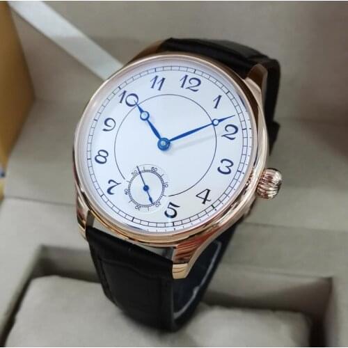 GEERVO No logo manual mechanical mens Watch Rose gold case Rice white Dial blue hand 44mm Big watch