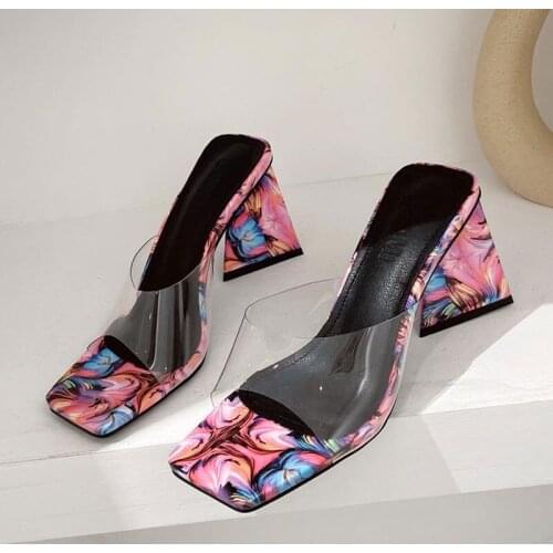New Fashion Floral Print PVC Transparent Slippers Women Mule High Heels Sandals Slippers Slip On Peep Toe Ladies Party Shoes