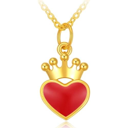 New Pure 24K Yellow Gold Pendant Women Red Heart crown Necklace Pendant
