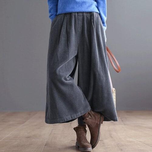 Autumn And Winter Retro Solid Corduroy Wide Leg Pants Womens Elastic Waist Loose Nine-Point Trousers Pantalones De Mujer y1138