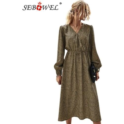 SEBOWEL Vintage Long Dress Women Long Sleeve Elegant Polka Dot Dresses Autumn Spring Female Wrap V-neck High Waist Party Dress