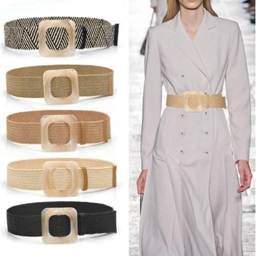 Vintage Boho Braided Waist Belt Summer Solid Female Belt Round Wooden Smooth Buckle Fake Straw Wide Belts For Women Hot Sale