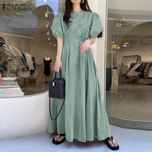 Womens Puff Sleeve Sundress ZANZEA 2021 Elegant Summer Maxi Dress Casual High Waist Vestidos Female O Neck Hollow Robe