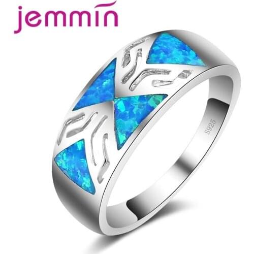 Blue Geometric Fire Opal Ring 925 Sterling Silver Jewelry Wedding Party Rings For Women Men Bijoux New Fashion