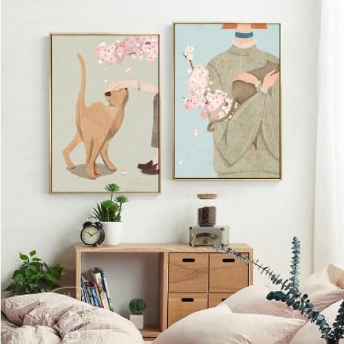 Nordic Girls with Cats Canvas Painting Posters and Prints Minimalist Wall Art Cherry blossoms Pictures For Living Room Bedroom