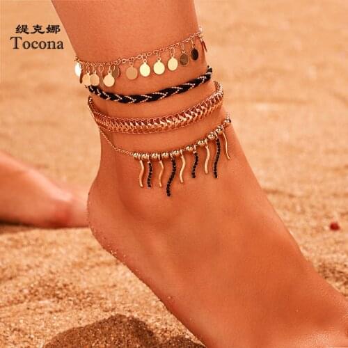 Tocona 4pcs/sets Bohemian Tassel Anklets for Women Water Gold Foot Chain Black Rope Summer Jewelry Wholesale Gift 9036