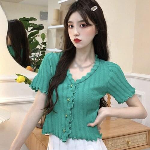 Female Summer T-Shirt Knitted Short Sleeve Cardigan Tops Women V Neck Slim Sweet T-shirts