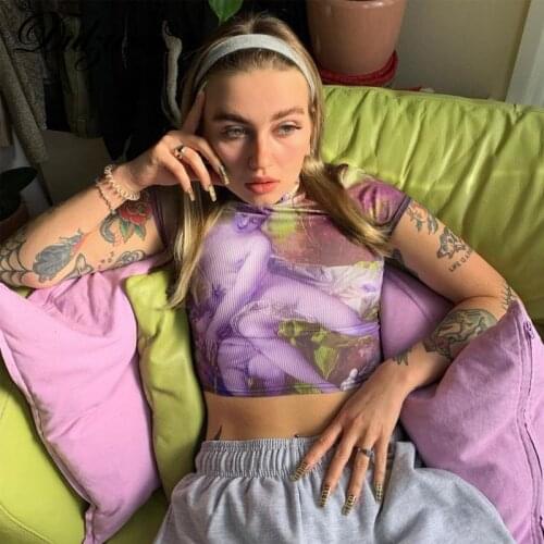 Dulzura Ribbed Knitted Angel Print Women Short Sleeve T Shirt Crop Top Bodycon Sexy Streetwear Gothic Fashion Club Casual