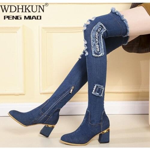 Womens Denim Boots Over The Knee Pointed Toe Thick High Heels Shoes Woman Casual Tassel Cut Out Jeans Long Botas Mujer