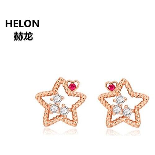 Solid 14k Rose Gold SI/H Full Cut Natural Diamonds Stud Earrings Star Heart Natural Ruby Women Earrings Fine Jewelry Engagement