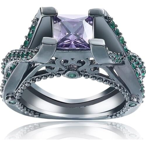 2019 Hot Sale High Quality Rings Black Gold Inlaid Large White Purple Cubic Zirconia Ring For Women Wedding Engagement Jewelry