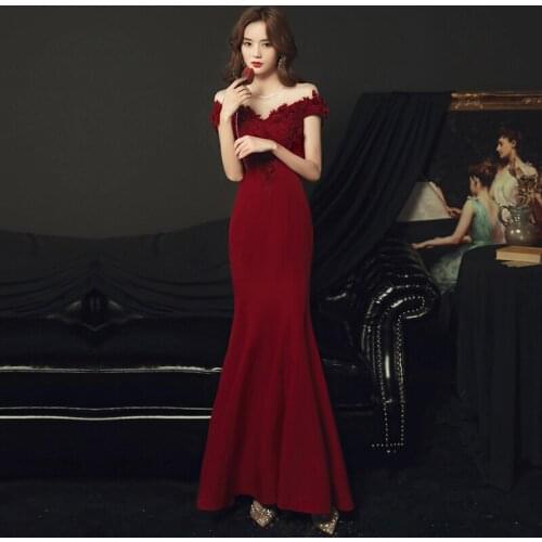 Burgundy O-Neck Evening Dress Elegant Short Sleeves Embroidery Floor-Length New Mermaid Plus size Women Formal Party Gown C1054