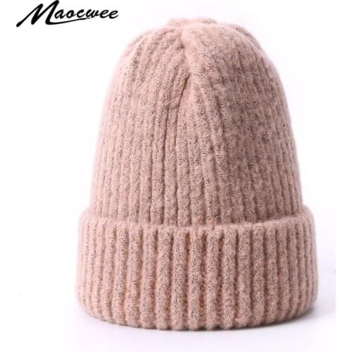 Winter Beanie Hats For Women Wool Knitted Warm Thick Bonnet Hat Female Outdoor Solid Rabbit Fur Soft Skullies Beanies For Girls