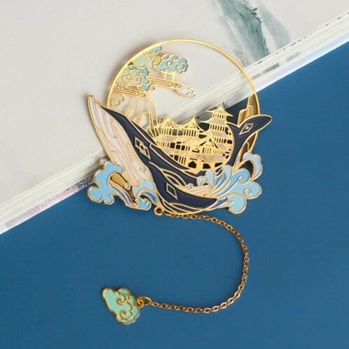 1pc Creative Long Whale Bookmark Cute Classical Carved Pendant Brass Art Exquisite Book Mark Page Folder Office School Supplies
