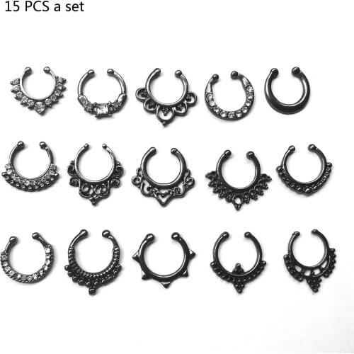 15 PCS a Set Popular Fake Nose Ring Jewelry BLACK Fake Septum Piercing Clicker Faux Clip Non Body Hoop for Female Nose Ring Set