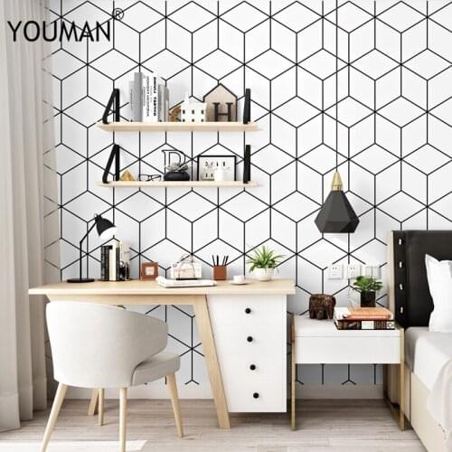 Nordic Geometric Lattic 3D Wall Papers Black Vinyl White Grid Wallpaper Roll 3D for Living Room Bedroom TV Background Wall Mural