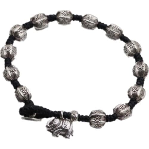 BOCAI S925 Pure Silver Elephant Bracelet wax rope hand woven bucket bead pattern hand string female Retro