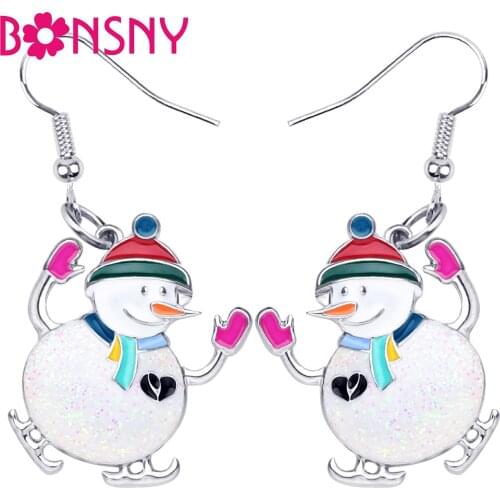 Bonsny Enamel Alloy Christmas Happy Skiing Snowman Earrings Drop Dangle Cartoon Fashion Party Jewelry For Women Girls Teens Gift