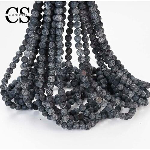 Natural Black Frosted Agates Beads Cracked Round Loose Stone Beads for Jewelry Making DIY Bracelet Accessories 4/6/8/10/12 MM