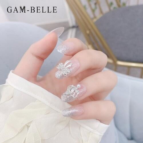 GAM-BELLE 24Pcs False Nails With Rhinestones Oval Shape French Glitter Press On Nails Full Artificial Nail Tips Manicure Tool