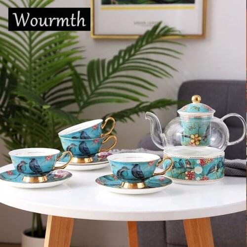 Wourmth Nordic Ceramic Fruit Teapot Set Glass with Filter Can Insulation Flower Tea Set Pastoral Style Coffeeware and Tray Set