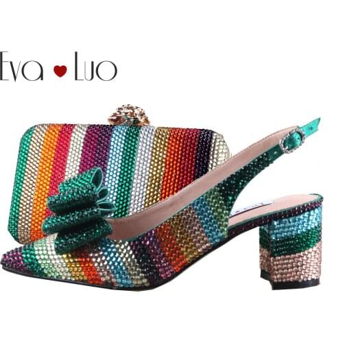 EVALUO African Nigerian Shoes And Bags to Match Set Custom Made Block Heels Rhinestone Sandals Women wedding Shoes Bride