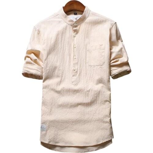 Mens Summer Blouses Baggy Beach Hawaiian Cotton Linen Solid Color Three-quarter Sleeve Stand Collar White Shirts Tops 2020