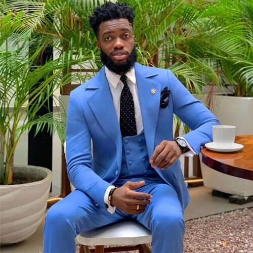 Sky Blue Three Pieces Mens Suit Notched Lapel Slim Fit Tailored Tuxedos For Wedding Male Blazers With Jackets Vest And Trousers