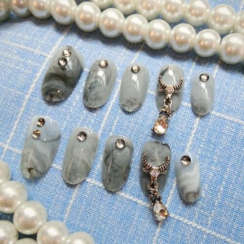24pcs/set latest gray marble element metal charm Acrylic resin full cover False Nail resin Fake Nails art Tips Sticker with GLUE