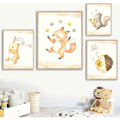Bear Fox Squirrel Hedgehog Bird Music Dance Wall Art Canvas Painting Nordic Posters And Prints Wall Pictures Kids Room Decor