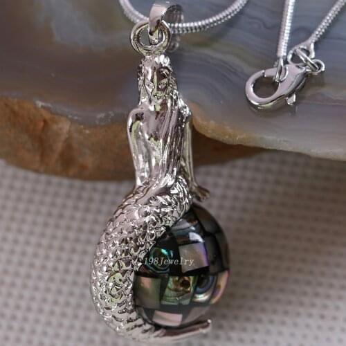 Natural Stone Mermaid Pendant Round Bead Blue Abalone Shell Necklace Pendant E849