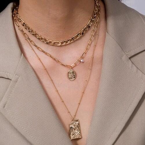2021 Heavy Metal Textured Buddha Head Embossed Pendant Necklace Sweater Chain Women Simple Multilayer Necklace Men and Woman