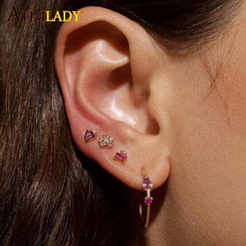925 Sterling Silver 2pc Ruby Color Cubic Zirconia Circle Hoop Earring For Women Gold Color Classic Fashion Engagement Jewelry