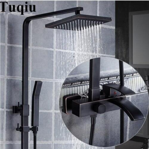 Shower Faucets Brass Black Bathtub Faucet Square Bath $ Shower Faucet Set Top Rain Shower With Slide Bar Wall Water Mixer Tap