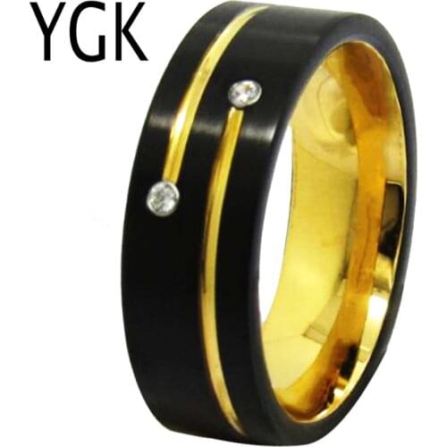 YGK Wedding Jewelry Matte Black With Golden Grooves CZ Tungsten Rings for Mens Bridegroom Wedding Engagement Anniversary Ring
