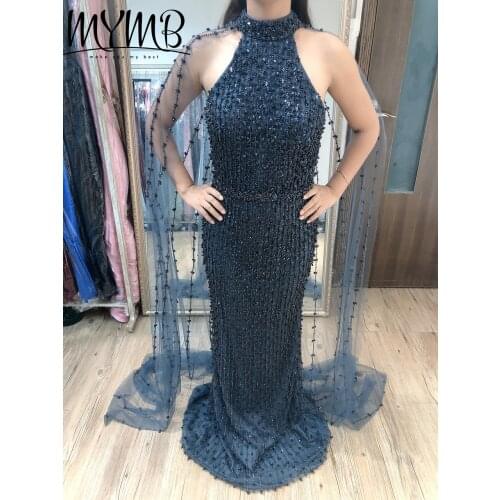 Navy Couture Beading Evening Dress Design 2021 With Removable Back Cape MYMB New Style Engagement Gown MY21100