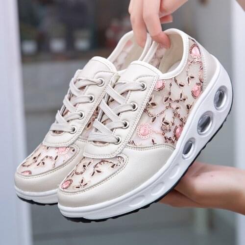 Women Print Flats Casual Loafers Autumn Spring Fashion Ladies Platform Wedge Sneakers Breathable Comfortable Lace-Up Swing Shoes