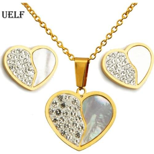 UELF New Suit Heart Shape Fashion Women Wedding Stainless Steel Jewelry Set Crystal Earring Necklace Pendant Rhinestone Hot Sale