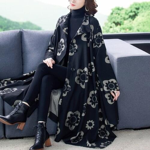 Vintage 4XL Plus Size Black Floral Coats Trench 2020 Autumn Winter Classic Casual Jacket Elegant Bodycon Women Long Windbreaker