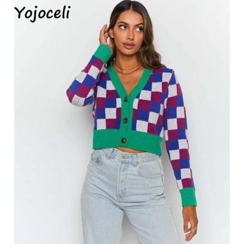 Yojoceli Sexy plaid knitted women cardigan Autumn elegant button knitting cardigan Casual fashion winter soft sweater outerwear