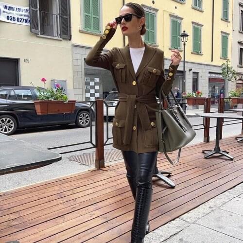 2021 Winter Vintage Army Green Buttons Bandage Women Long Sleeve Jacket Coats Streetwear Casual Slim Black Femme Outwear 50292