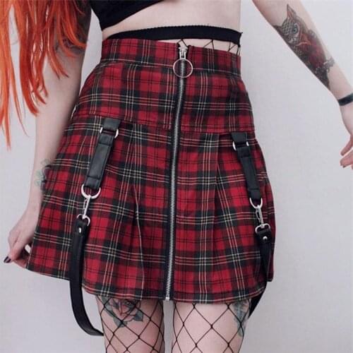 Gothic Harajuku Skirt Red Plaid Punk Woman Mini Skirts Lady Zip Pocket Ullzang Empire A-line Hip-hop Buckle Street Casual skirt