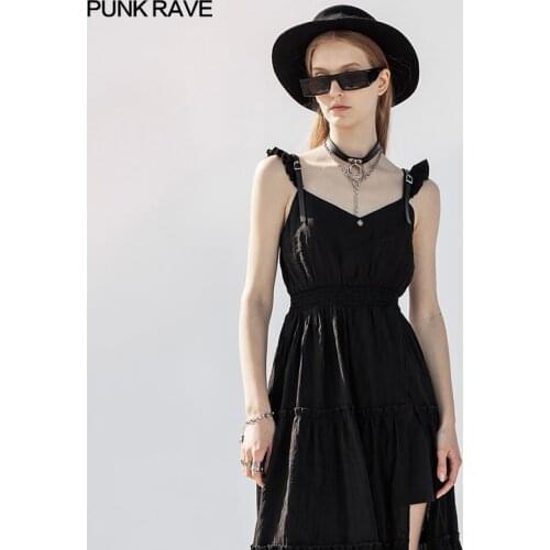 PUNK RAVE Womens Gothic Daily Stringy V-shaped Selvedge Slip Dress Adjustable Shoulder Strapfront Slit V-neck Sleeveless Dress